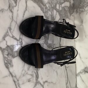 Gucci Black Leather Slingback Heels with Brown Striped Band